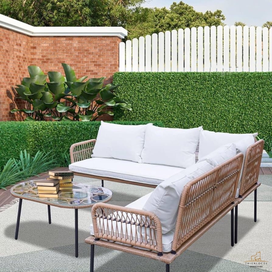 Bàn ghế sofa khung tựa lưng Đan sợi dây dù rope chân gỗ tràm