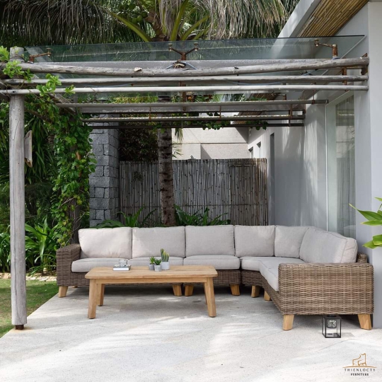 Bàn ghế sofa khung tựa lưng Đan sợi dây dù rope chân gỗ tràm