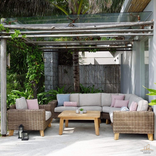 Bàn ghế sofa khung tựa lưng Đan sợi dây dù rope chân gỗ tràm